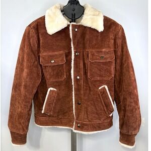 Grande Bay Vintage Mens 42 Suede Trucker Jacket Faux Fur Lined Cognac Brown